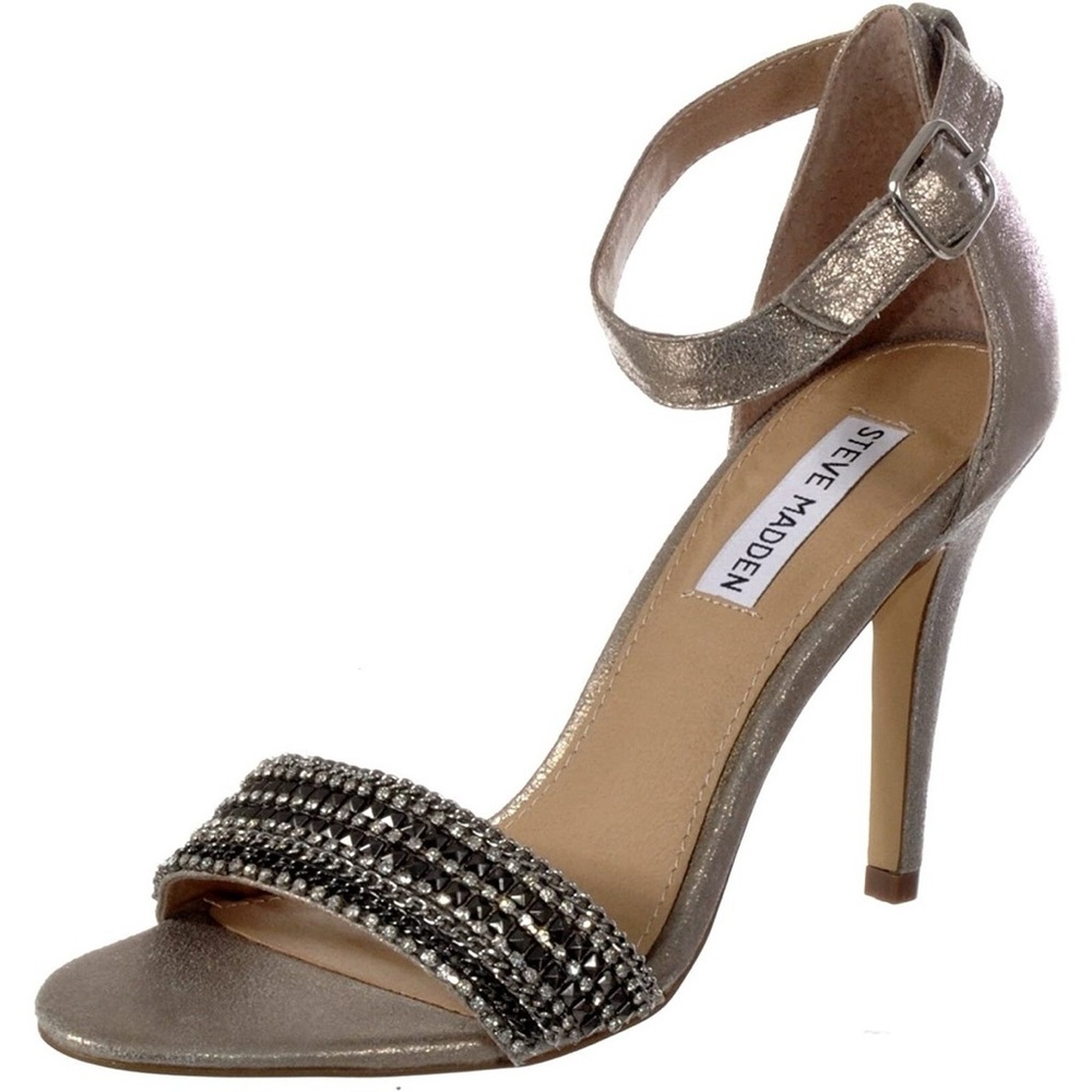 Steve Madden Loverr Silver Embellished Ankle Strap Leather Heels